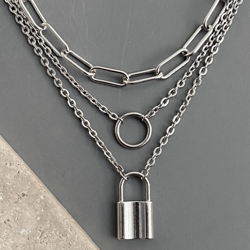 NEW , layered silver tone necklace set, PADLOCK lock circle, edgy punk street
